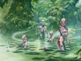painting of a group of people in a body of water surrounded by trees
