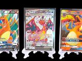 three different types of pokemon cards on display on a black background