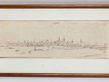 drawing of a view of a city with a boat in the foreground