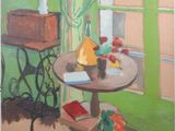 a painting of a table with a vase of flowers on it
