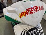 a close up of a motorcycle with a sticker on it