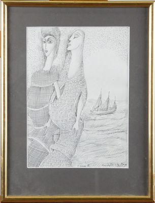 dessin représentant une femme et un homme sur un bateau au milieu de l'eau