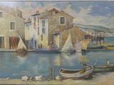 a painting on the wall of a building with boats in the water