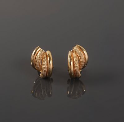 a pair of gold earrings, by person