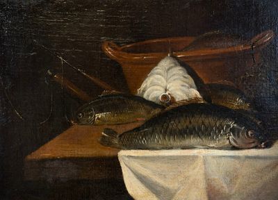 a painting of fish on a table with a cloth on it