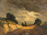 an image of a painting of a dirt road with trees in the distance