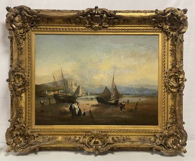 tableau représentant une scène de plage avec des bateaux et des personnes sur le rivage