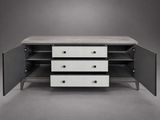 a black and white sideboard with three drawers and a marble top