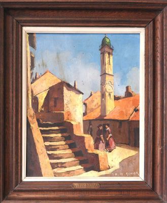 an oil painting of a woman walking down a street with a clock tower in the background
