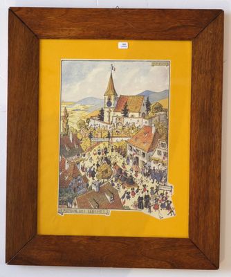 a painting of a village scene with a church in the background