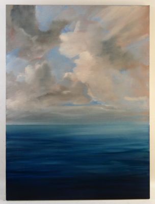 an oil painting of clouds over the ocean on a white wall