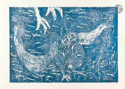 une image représentant un dessin en bleu et blanc d'un poisson et d'un oiseau