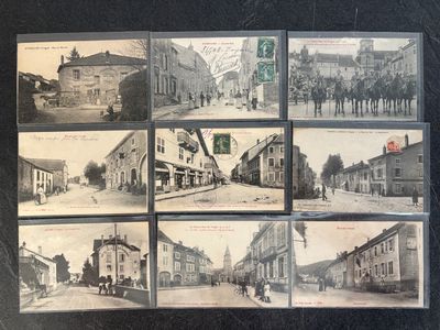several old black and white photos of a city street