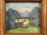 an oil painting of a mountain scene with a house in the foreground
