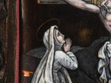 a painting of jesus on the cross next to a woman