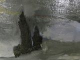 a painting of a boat in the water on the beach