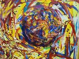 a painting of a painting of a yellow and blue sphere