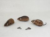 three mice that are sitting on a white surface