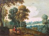 an image of a painting of a man riding a horse in a wooded area
