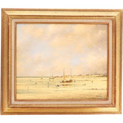 un tableau représentant des bateaux sur la plage, avec le ciel en arrière-plan