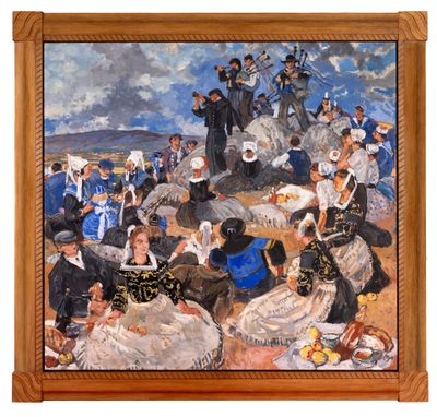 une peinture à l'huile représentant un groupe de personnes assises sur une plage