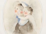 peinture d'une femme tenant un enfant dans ses bras
