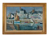 a painting of a harbor scene with boats in the water
