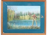 painting of a woman standing in front of a body of water with trees in the background