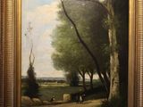 tableau représentant un paysage avec des moutons et des arbres, dans un cadre doré