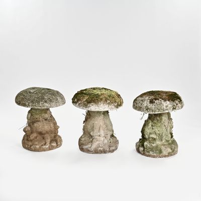 trois champignons de tailles différentes empilés les uns sur les autres sur une surface blanche