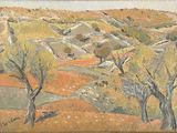 une image d'un tableau représentant un paysage avec des arbres au premier plan