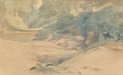 un tableau représentant un homme marchant sur un sentier dans les bois