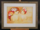 painting of two women with flowers in their hair in front of a black background