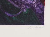 purple and black drawing of a lizard on a green background