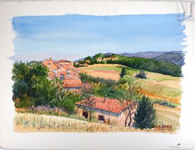 une aquarelle représentant une ferme à la campagne