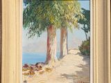an oil painting of a path leading to a tree lined beach