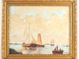 tableau représentant un voilier sur l'eau, avec d'autres bateaux en arrière-plan