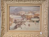 une image d'un tableau représentant un village dans la neige