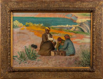painting of three people sitting on a beach with a view of the ocean in the background