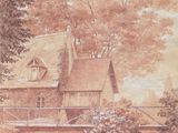 painting of a house in a wooded area with a bridge