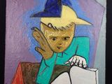 un tableau représentant un homme en train de lire un livre posé sur une table