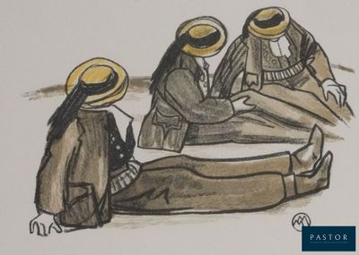 un dessin représentant trois personnes assises par terre