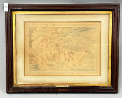 une vieille photo représentant un tableau où figurent une femme et deux enfants