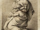 a black and white drawing of a woman holding a baby