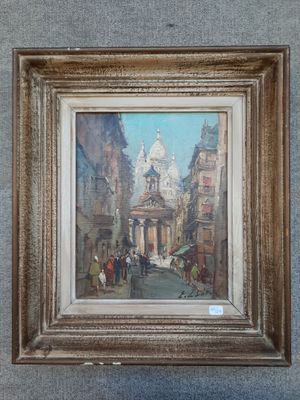 une peinture à l'huile représentant une scène de rue avec des personnes marchant dans la rue