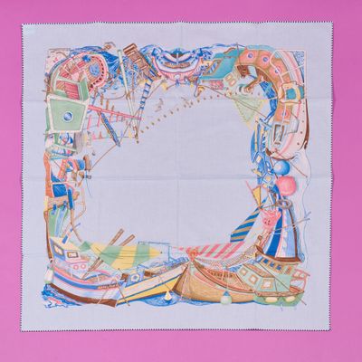 a picture of a square scarf with a picture of boats on it