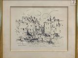 drawing of a street scene with a horse drawn by a man