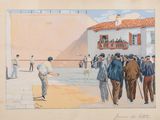 tableau représentant un groupe d'hommes jouant au croquet devant un bâtiment