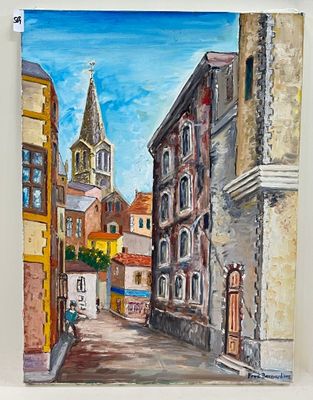painting of a painting of a street scene with buildings and a church steeple
