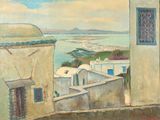 tableau représentant une vue sur la mer et les bâtiments d'une ville